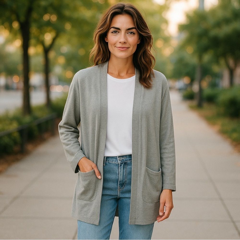 DONNI. ANTHROPOLOGIE Women’s Ribbed Open Front Pinstripe Cardigan Gray One Size